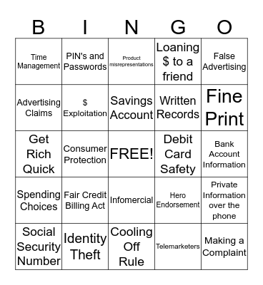 Money and Budgets Bingo Card