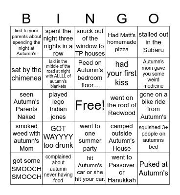 Autumns House Bingo Card