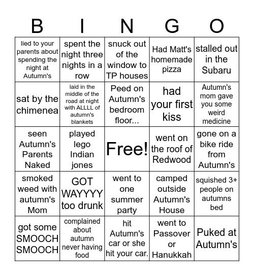 Autumns House Bingo Card