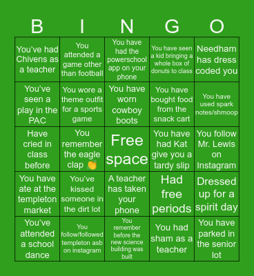 Templeton High School Bingo Card