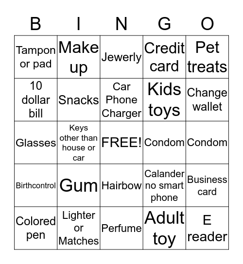 Purse Bingo Card