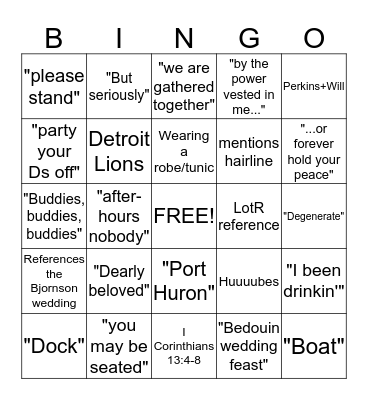 Mainus Officiant Bingo Card