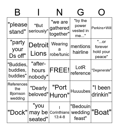 Mainus Officiant Bingo Card