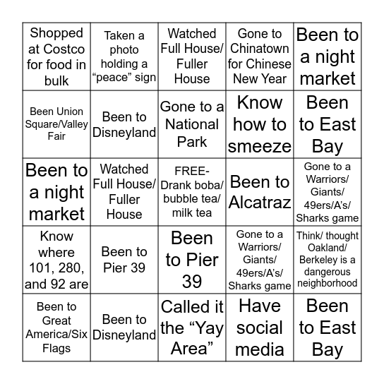 Bay Area Bingo Card