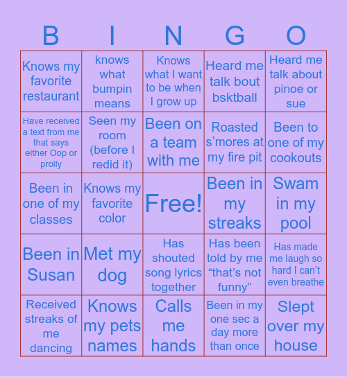 Hannah’s bingo Card