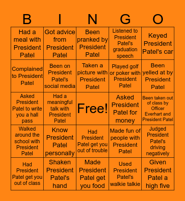 President Patel of MHS Bingo Card