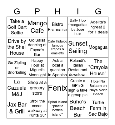 "GPhiG GO" Bingo Card