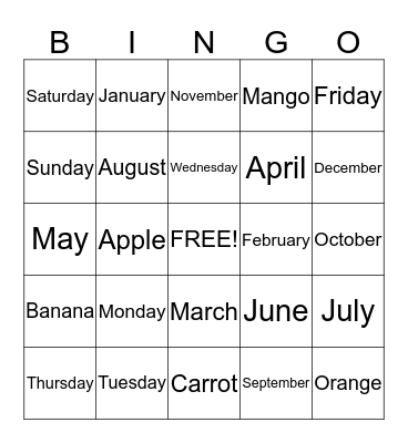 Days and Month Bingo Card