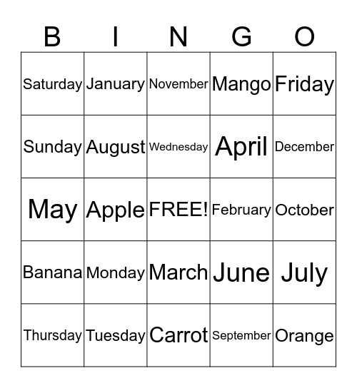 Days and Month Bingo Card