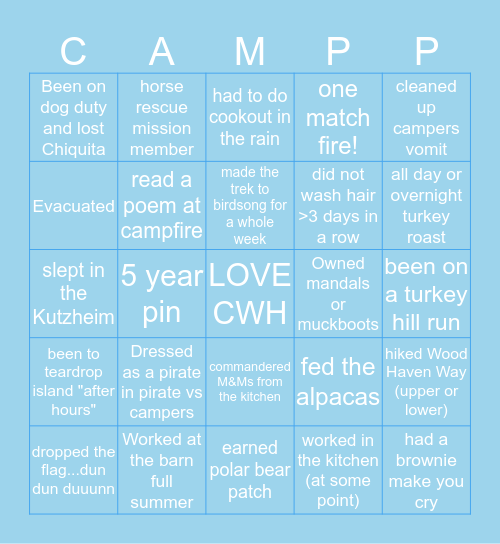 CAMP WOOD HAVEN STAFF BINGO! Bingo Card