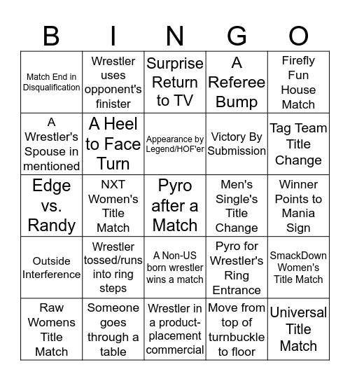 WrestleMania 36 Bingo Card