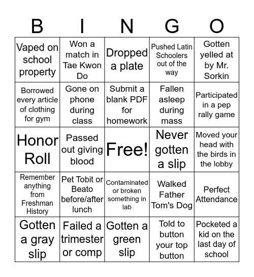 Kellenberg Bingo Card
