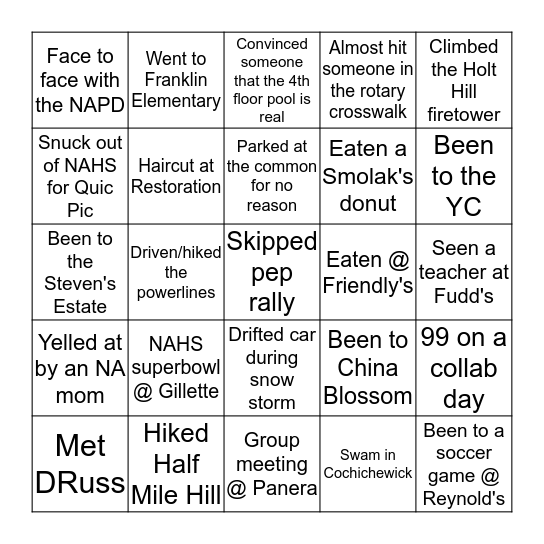 North Andover Bingo Card