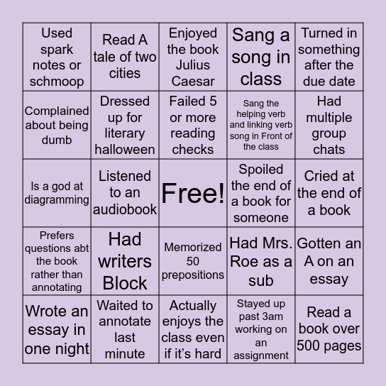 OG 10 Honors English Bingo Card