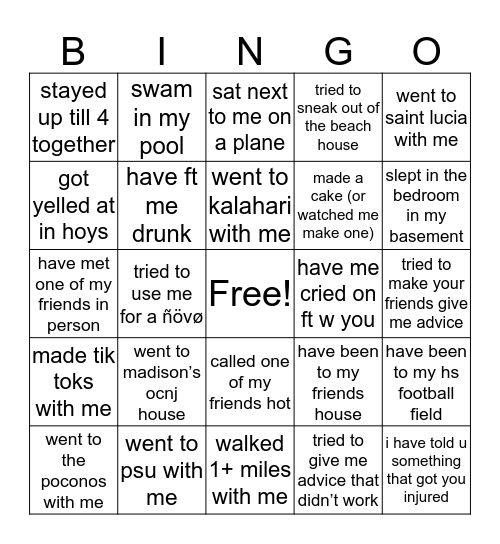 have you done this with madison? Bingo Card