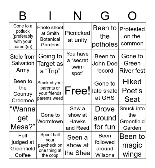 Greenfield/Turners Kid Life Bingo Card