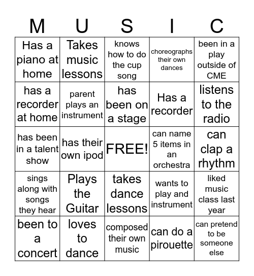 Getting to Know You Music Bingo Card