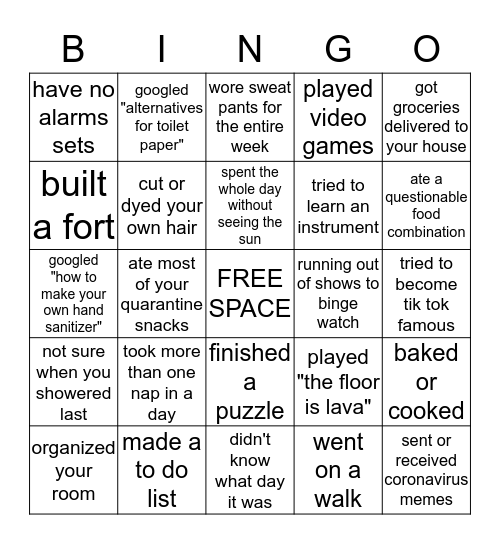 Quarantine Bingo Card