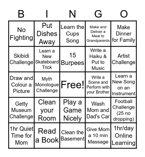 Riley's Quarantine Bingo Challenge Bingo Card