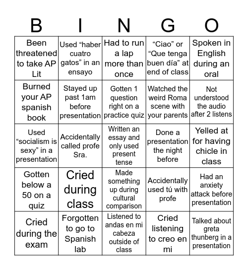 AP Spanish Bingo Card