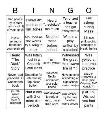 Chesterton Academy Bingo Card