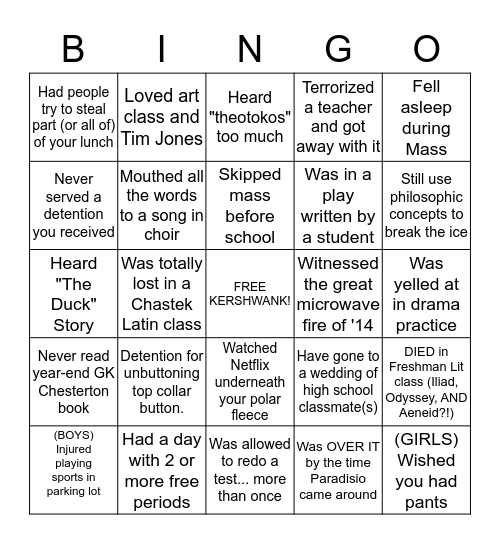 Chesterton Academy Bingo Card