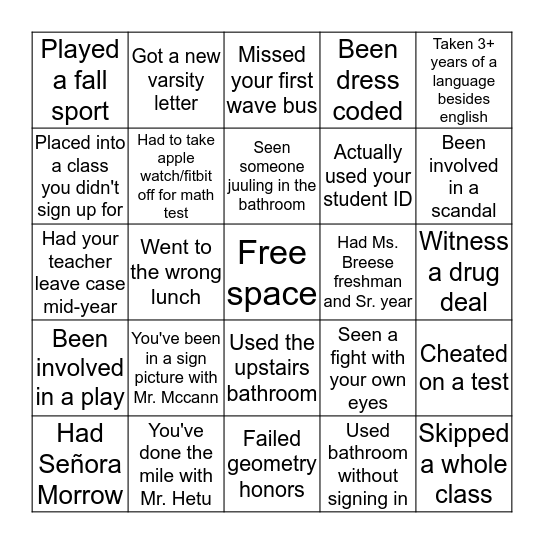 Case High Bingo Card