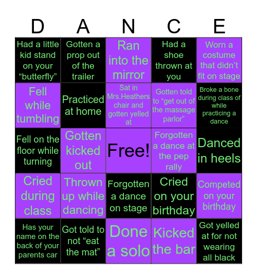Dance Expressions Bingo💜🖤 Bingo Card