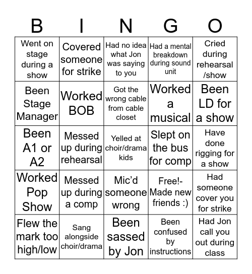 Tech Crew Bingo Card