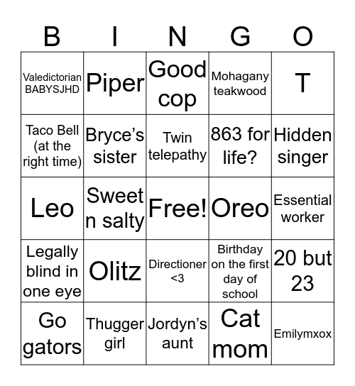 Emily’s Bingo Card