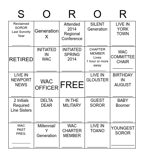 Williamsburg Alumnae Retreat Bingo Card