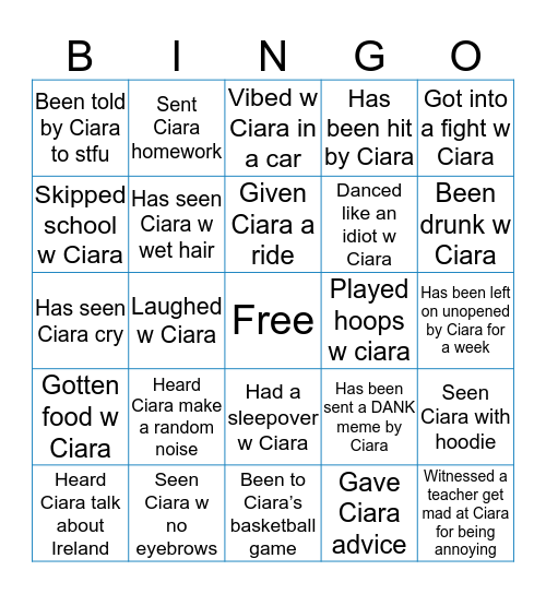 Ciara Bingo Card