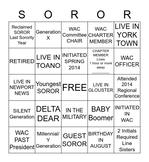Williamsburg Alumnae Retreat Bingo Card