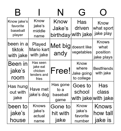 Jake’s Bingo Card
