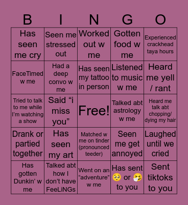 Taya’s Bingo Card