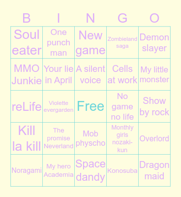 Anime you've wacthed Bingo Card