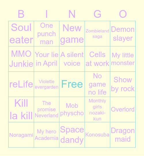 Anime you've wacthed Bingo Card