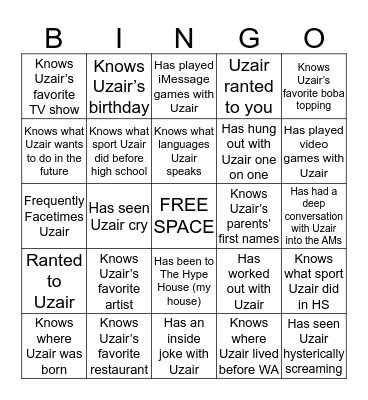 UZAIR’S BESTIE BINGO Card