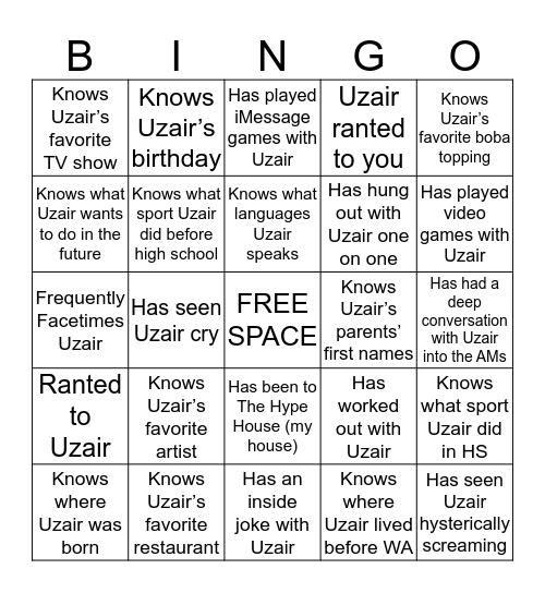UZAIR’S BESTIE BINGO Card