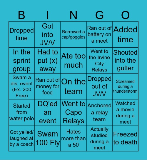 Nhs swim bingo Card
