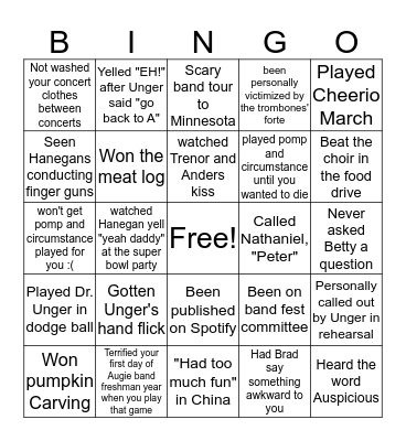 Augie Band Bingo Card