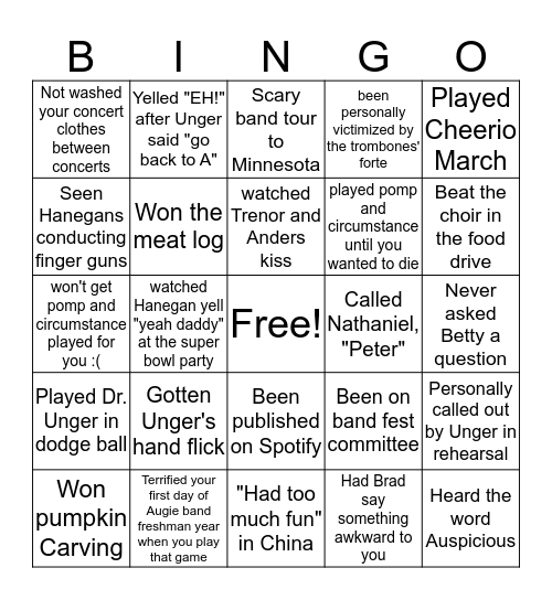 Augie Band Bingo Card