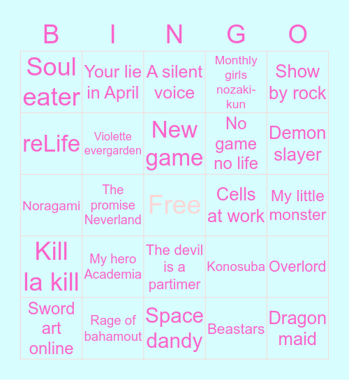 Anime you've wacthed Bingo Card