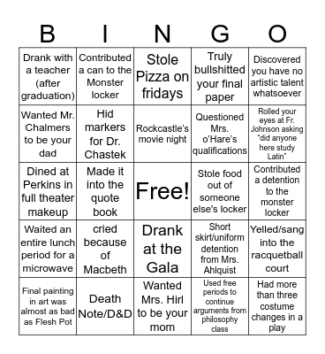 Chesterton Academy ‘15 Bingo Card