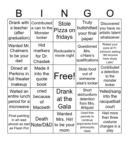 Chesterton Academy ‘15 Bingo Card