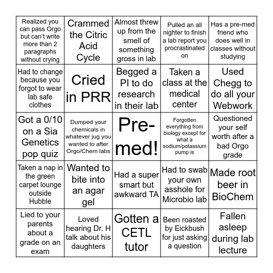 UofR Bio Major Bingo Card