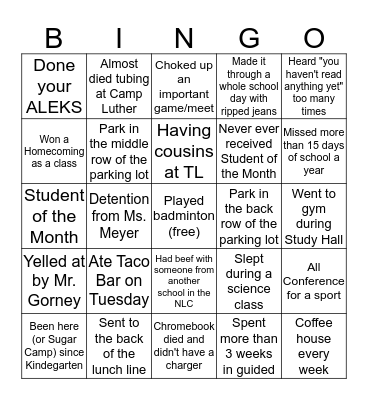 Three Lakes High School Bingo Card