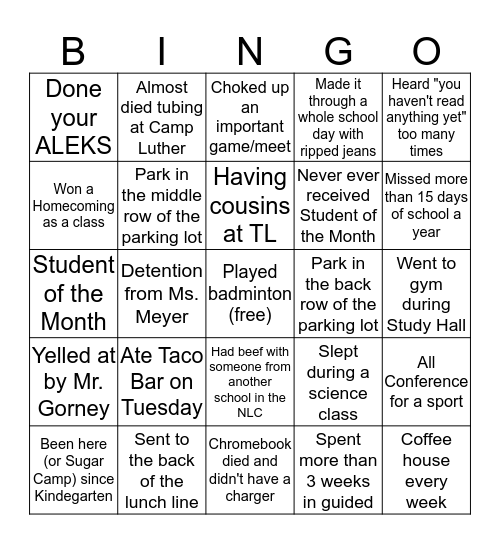 Three Lakes High School Bingo Card