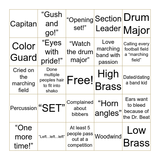 Marching Band Bingo Card