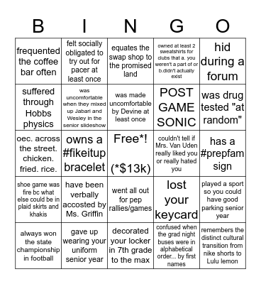Sober Prep Bingo Card